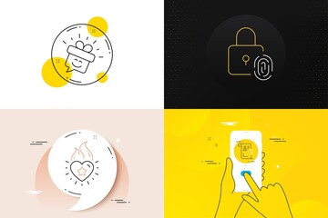 Minimal set of Fingerprint lock, Smile and Heart flame line icons. Phone screen, Quote banners. Report icons. For web development. Biometric access, Gift box, Love fire. Work statistics. Vector