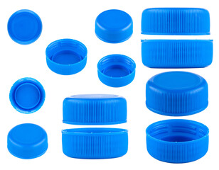 Blue caps for bottles, different sizes. Set of blue caps isolated on a white background.