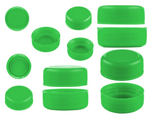 Green caps for bottles, different sizes. Set of green caps isolated on a white background.