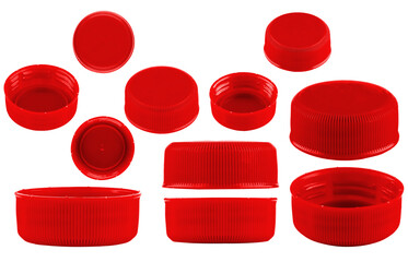 Red caps for bottles, different sizes. Set of red caps isolated on a white background.