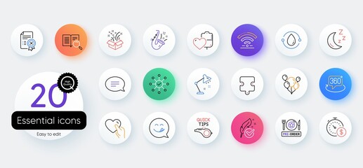 Simple set of Hypoallergenic tested, Tutorials and Puzzle line icons. Include Pre-order food, Wifi, Chat icons. Yummy smile, Reject certificate, Balloons web elements. Cold-pressed oil. Vector