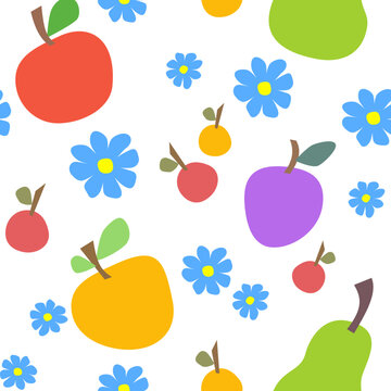 Seamless pattern with fruits and blue flowers. Suits as wallpaper, print, card, banner or anything with colorful summer atmosphere.