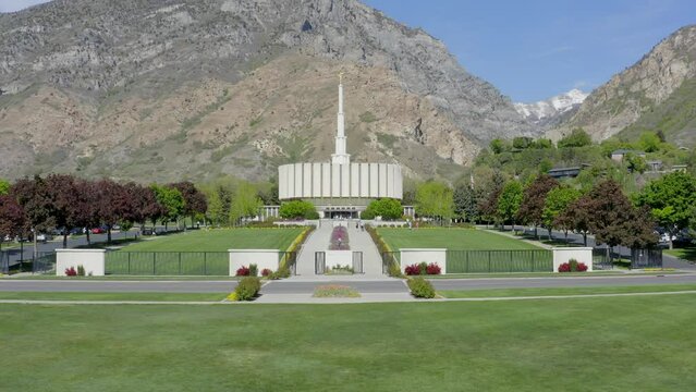Aerial Drone Flying Towards and Up to the Provo Utah Temple at Day in the Spring