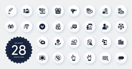 Set of Business icons, such as Making money, Horns hand and Sale offer flat icons. Click hand, Scroll down, Buildings web elements. Quick tips, Painter, Restaurant food signs. Messenger. Vector