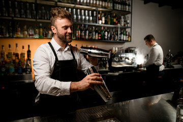 professional male bartender with two steel shakers in hands. Blurred background