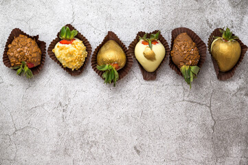 Fresh strawberries assorti covered in chocolate.Food banner with place for text