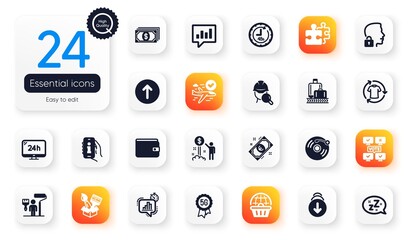 Set of Business flat icons. 48 hours, Puzzle and Painter elements for web application. Info app, Baggage reclaim, Statistics timer icons. Scroll down, Money wallet, Online voting elements. Vector