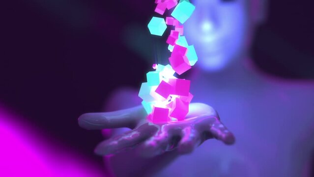Metaverse brick - 3d generated female character opens hand and releases purple and blue virtual reality cubes.
Camera moves from the hand to the face of the cyborg. Cubes represent digital bricks.  
