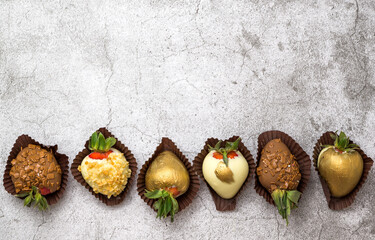 Obraz na płótnie Canvas Food banner with chocolate strawberries. Place for text.Flat lay