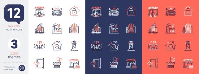 Set of Inspect, Market buyer and Electricity factory line icons. Include Sports arena, Lighthouse, Buildings icons. Arena, Agent, Shield web elements. Entrance, Lock, Food market. Vector