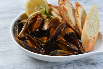 Mussels with croutons, a dish of mussels
