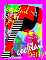 Cocktail party poster background with sexy women leg in high heels and martini cocktail glasses, pop art pink neon vector. 