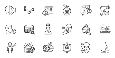 Outline set of Doctor, Medical food and Cream line icons for web application. Talk, information, delivery truck outline icon. Include Collagen skin, Balance, Medical calendar icons. Vector