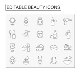 Beauty line icons set. Mirror, shampoo, nail art and manicure. Spa concept. Isolated vector illustration. Editable stroke