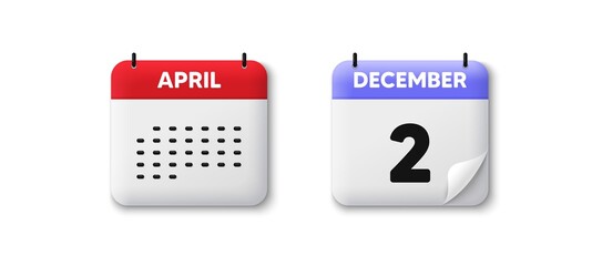 Calendar date 3d icon. 2nd day of the month icon. Event schedule date. Meeting appointment time. Agenda plan, Month schedule 3d calendar and Time planner. 2nd day day reminder. Vector