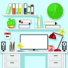 Crédence de cuisine en verre imprimé Dessiner Vecteur plat Illustration graphique d& 39 un espace de travail de bureau, y compris divers éléments comme des classeurs, des livres, un ordinateur, des stylos et des crayons