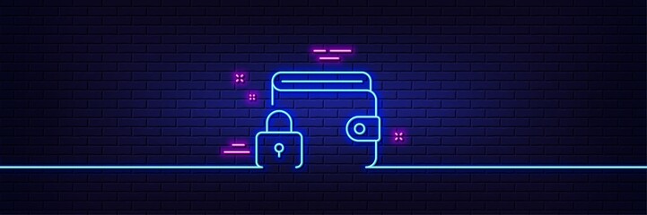 Neon light glow effect. Lock line icon. Protected wallet sign. Money protection symbol. 3d line neon glow icon. Brick wall banner. Lock outline. Vector