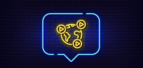 Neon light speech bubble. Virtual conference line icon. Online training sign. Web presentation symbol. Neon light background. Video conference glow line. Brick wall banner. Vector