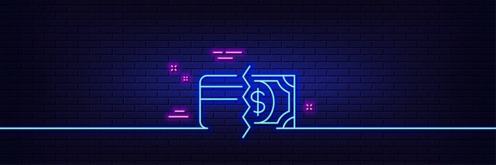 Neon light glow effect. Credit card or cash line icon. Payment methods sign. 3d line neon glow icon. Brick wall banner. Payment methods outline. Vector