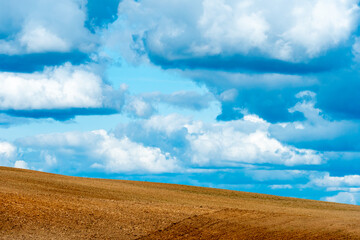 Fototapeta na wymiar A plowed field against the sky. The season of planting crops in a wheat field. Preparing the field for planting rapeseed, wheat, rye and barley in rural areas.