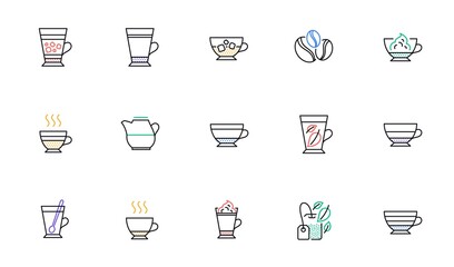 Coffee types and Tea icons. Mocha, Cappuccino and Latte. Americano cup linear icon set. Bicolor outline web elements. Vector
