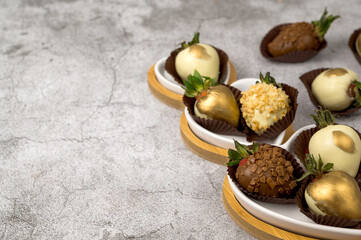 St Valentine's dessert flat lay with chocolate strawberries.Template