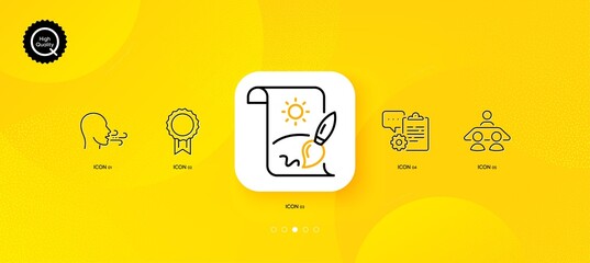 Breathing exercise, Interview job and Creative painting minimal line icons. Yellow abstract background. Reward, Clipboard icons. For web, application, printing. Breath, Consulting, Graphic art. Vector