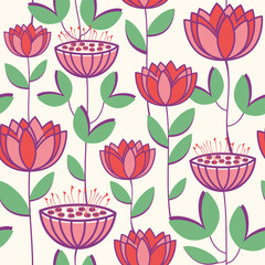 Seamless vector pattern with stylized lotus flowers. - 507908947
