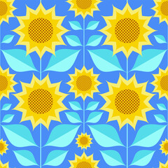 Vector illustration in support of peace in Ukraine. Seamless pattern with sunflowers in the yellow and blue color palette. - 507908948