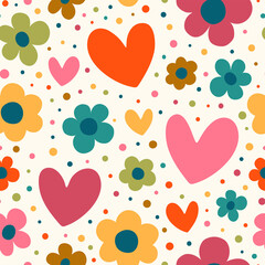 Seamless vector pattern with flowers and hearts. Great for fabric, wallpaper, and wrapping paper. - 507908950