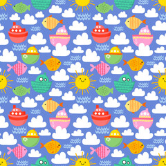 Seamless pattern with clouds, waves, boats, fishes, and sun. Vector background with a marine theme for kids. - 507908955
