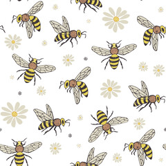Bee and wasp with flowers seamless vector pattern