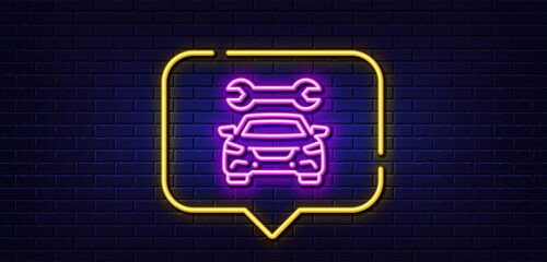 Neon light speech bubble. Car service line icon. Auto repair sign. Garage service symbol. Neon light background. Car glow line. Brick wall banner. Vector