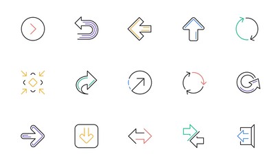 Arrow icons. Download, Synchronize and Share. Navigation linear icon set. Bicolor outline web elements. Vector