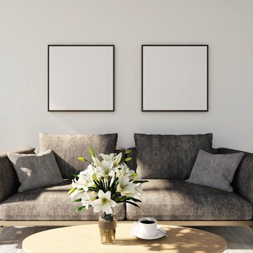 Living room with two blank square frame mockups, gray sofa, table with cup of coffee and ornamental plant. 3d rendering, interior design, 3d illustration