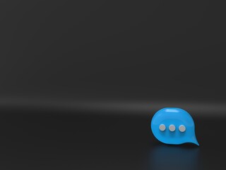 Blue Speech bubble talk icon on black background. Concept conversation or social media messages with copy space. Background with message small icon for your texts. 3D rendering