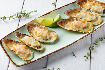 Seafood. Mussels baked in cheese sauce