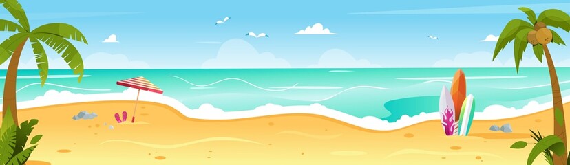 Surfboad on a beach, landscape with ocean, sky and sand, tropical plants and coconut tree, beach umbrella. Vector illustration in flat style