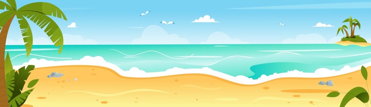 Summer beach, seashore panorama scene with island and palm trees. Flat vector illustration, landscape