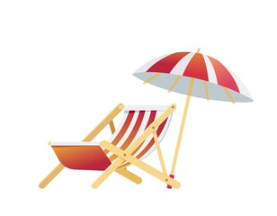 Beach umbrella and chair isolated on white background. Flat vector illustration, summer vacation and travel concept.