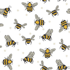 Bees flying vector seamless pattern