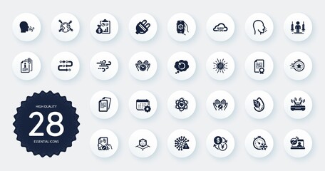 Set of Science icons, such as Methodology, Online chemistry and Covid virus flat icons. Safe time, Documents, Recovery data web elements. Wifi, Quick tips, Breathing exercise signs. Vector