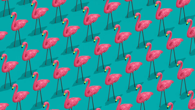 3D Trendy retro Summer pattern of a flock of isometric pink flamingo yard ornament walking downward on teal background