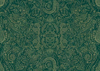 Hand-drawn unique abstract symmetrical seamless gold ornament on a dark cold green background. Paper texture. Digital artwork, A4. (pattern: p01a)