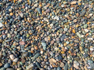 Background from multicolored pebbles.  Pebble coast. Stone beach. Stone pattern.