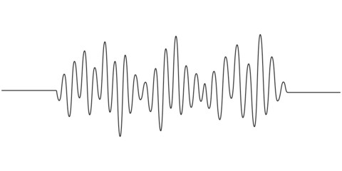 Continuous one line drawing of sound wave with different amplitude. Soundwave in simple linear style for banner music, webinar, online training. Editable stroke. Doodle vector illustration - obrazy, fototapety, plakaty