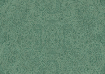 Hand-drawn unique abstract symmetrical seamless ornament. Dark semi transparent green on a light cold green background color. Paper texture. A4. (pattern: p01a)