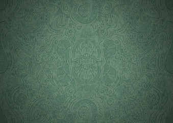 Hand-drawn unique abstract symmetrical seamless ornament. Dark semi transparent green on a light cold green with vignette of a darker background color. Paper texture. A4. (pattern: p01a)