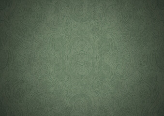 Hand-drawn unique abstract symmetrical seamless ornament. Dark semi transparent green on a light warm green with vignette of a darker background color. Paper texture. A4. (pattern: p01a)