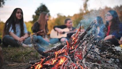 A group of friends with a guitar are sitting around the fire in the evening.